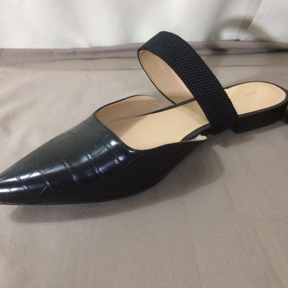 Ann Taylor Factory Black Pointed Toe Mule Flats Size 8.5 Faux Croc Slip On Shoes - Picture 6 of 8